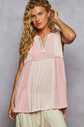 POL Lace Trim Two-Tone Tank with Pintuck Detail Pink OutfitFlow